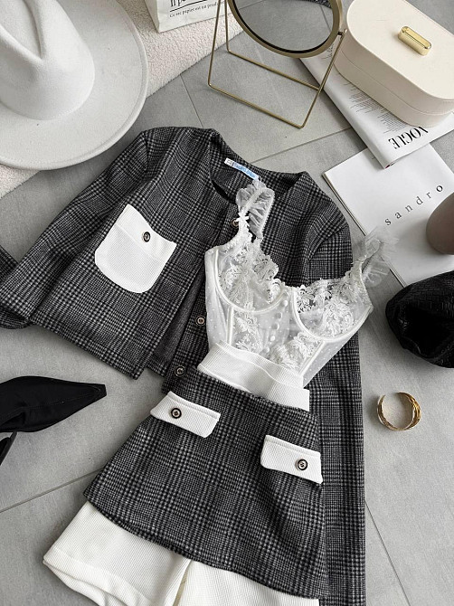 Женский спелый костюм тройка клетка шерсть; шорты вавилка Черный, 44/46 Одесса - изображение 6