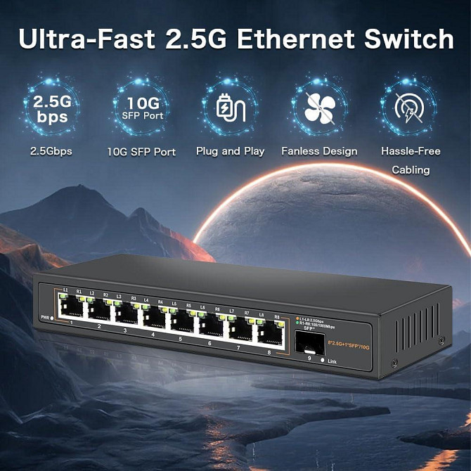 Davuaz 2.5G Ethernet комутатор з 8 портами 2.5G Base-T та 1 портом 10G SFP, безвентиляторний, Plug & Київ - фото 4