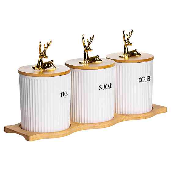 Yiwu Набір порцелянових банок для сипучіх на бамбуковій підставці 3 шт. по 400 мл для чаю кави Коломия