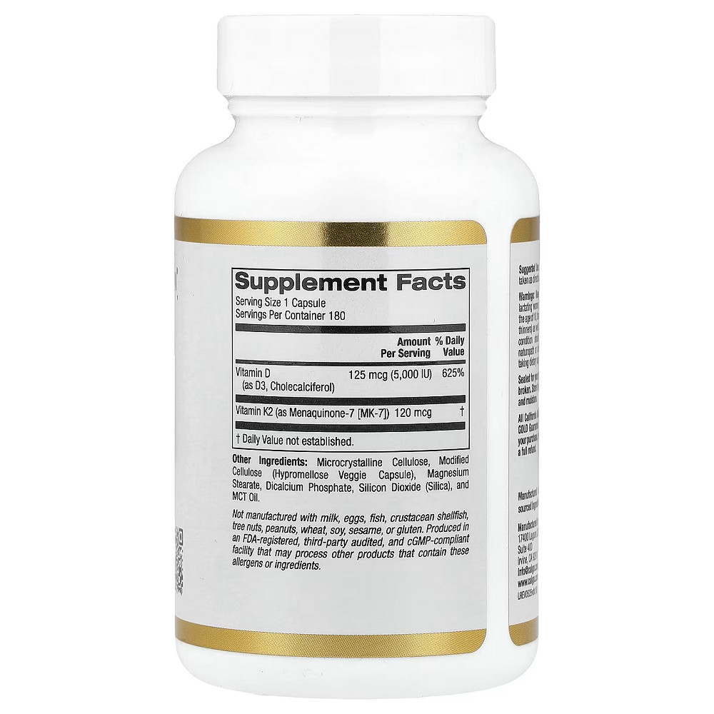 Комплекс витаминов D3 и K2 California Gold Nutrition Vitamin D3 + K2 as MK-7, 180 Veggie Capsules Луцк - изображение 2