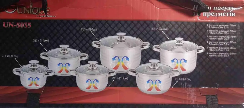 Набор кастрюль UNIQUE UN-5035 из пищевой нержавеющей стали с крышками разних размеров (12 предметов в наборе) Одесса - изображение 3