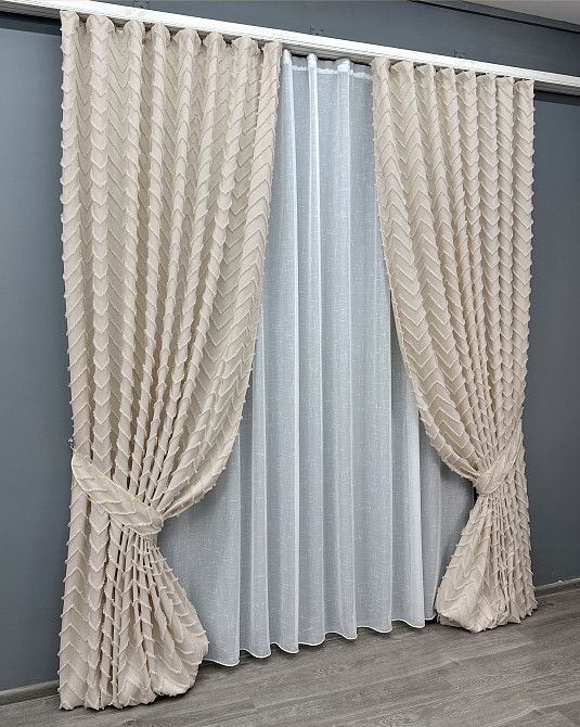 Комплект штор VR-Textil Лен Букле 100х270 2шт и Тюль 400х270 1806ш-115т Айвори с белым 71-042/2 Киев - изображение 2