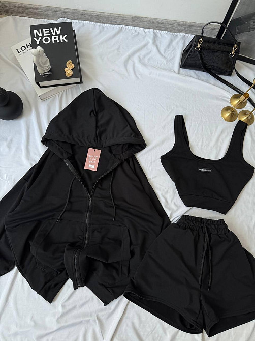 Женский прогулочный костюм тройка: кофта топ и шорты двунитка Черный, 46/48 Одесса - изображение 3