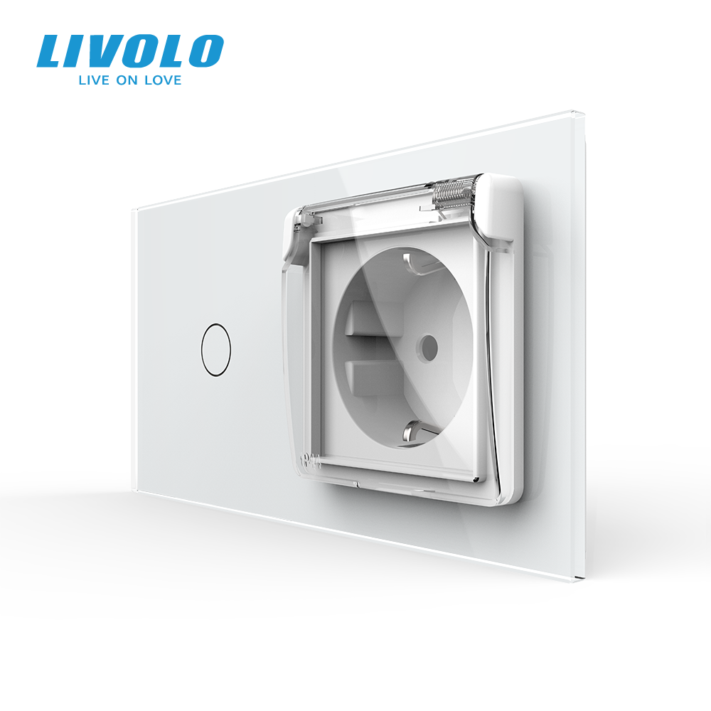 Сенсорний вимикач + розетка вологозахисна з кришкою IP44, з заземленням, біла скляна рамка, шторки, LIVOLO (VL-C701/C7C1EUWF-11) Коломыя - изображение 4