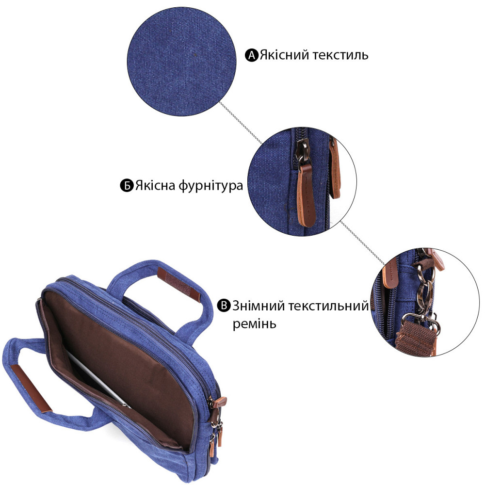 Сумка текстильная для ноутбука на два отделения Vintage 20179 Синяя Киев - изображение 3