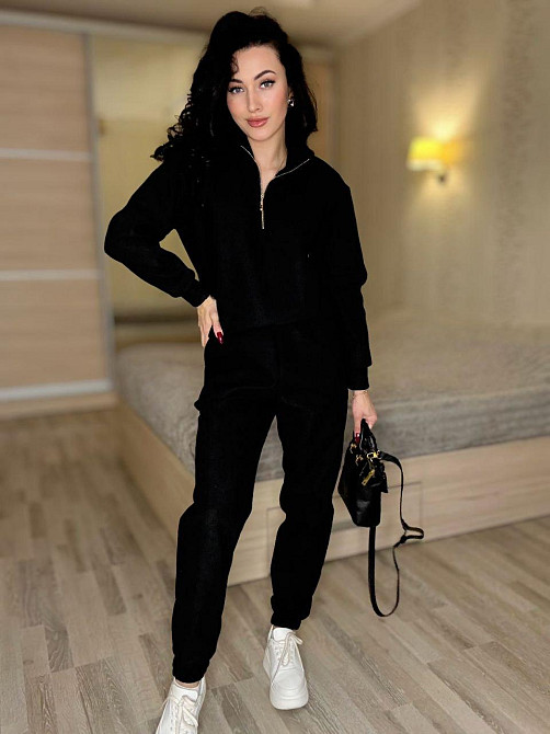 Жіночий теплий костюм-двійка: кофта та штани вельвет на щільному флісі Чорний, 50/52 Одеса - фото 1