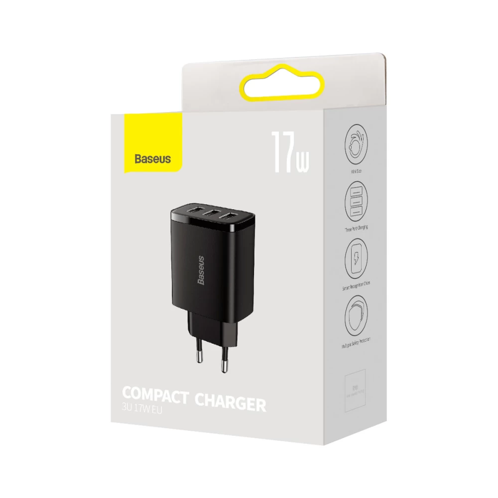 Мережевий зарядний пристрій Baseus Compact Charger 3U 17W EU, колір чорний CCXJ020101 Одеса - фото 2