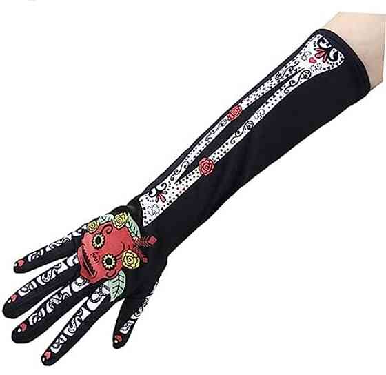 Рукавички для рук високі мексиканській прінт Череп Хелловін 38 см чорні Київ