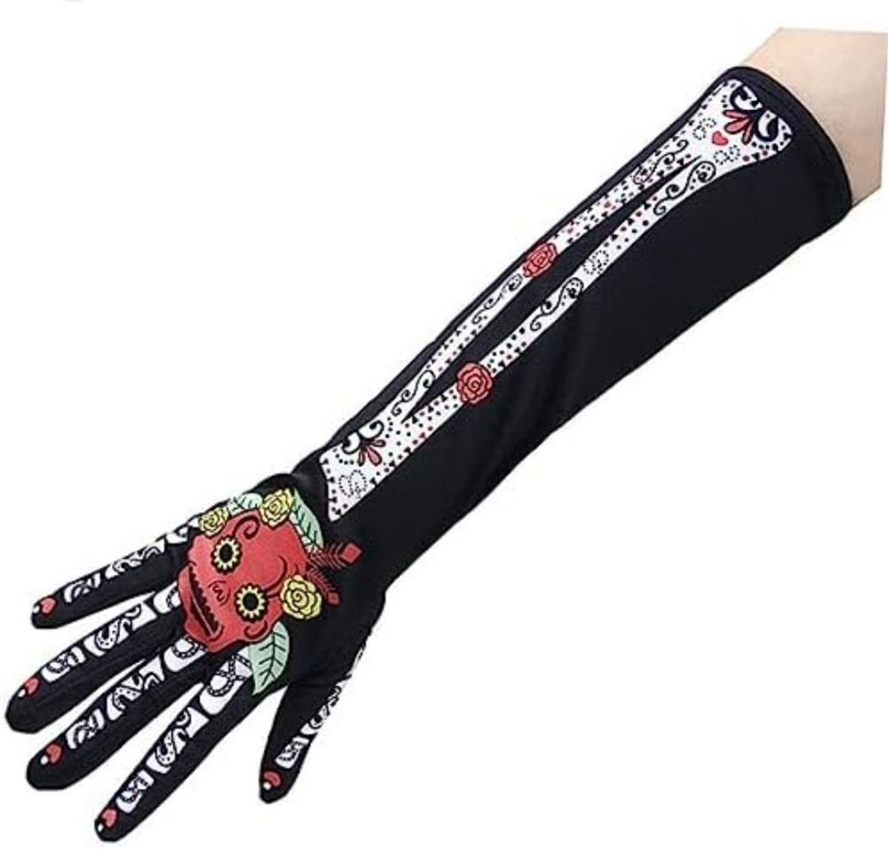 Рукавички для рук високі мексиканській прінт Череп Хелловін 38 см чорні Київ - фото 3