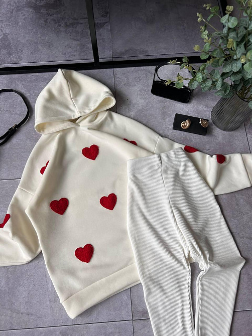 Жіночий теплий прогулянковий костюм-двійка з сердечками тринитка на флісі + ангора рубчик Молочний, 50/52 Одеса - фото 7