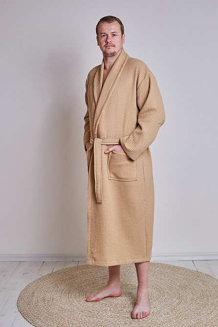 Мужской вафельный халат Ideal Textile длинный бежевый (56860609) 3XL Черновцы - изображение 4