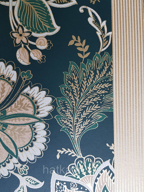 Шпалери флізелінові еко Rasch Sophia 0.53х10 рослинний принт квіти листя золотисте біле на темно-зеленім3д Київ - фото 3