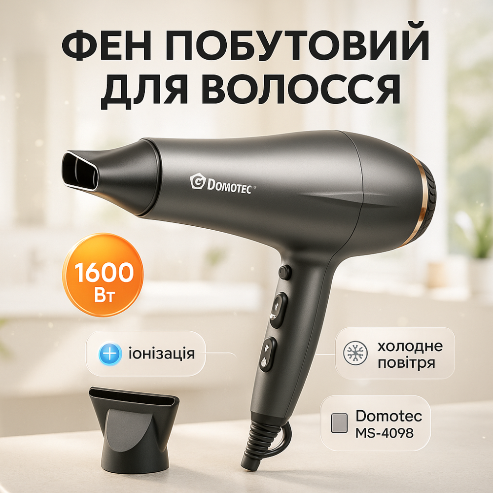 Дорожній фен для волосся Domotec, Фен з регульованою швидкістю і температурою Жіночий для волосся BK-13 Львів - фото 14