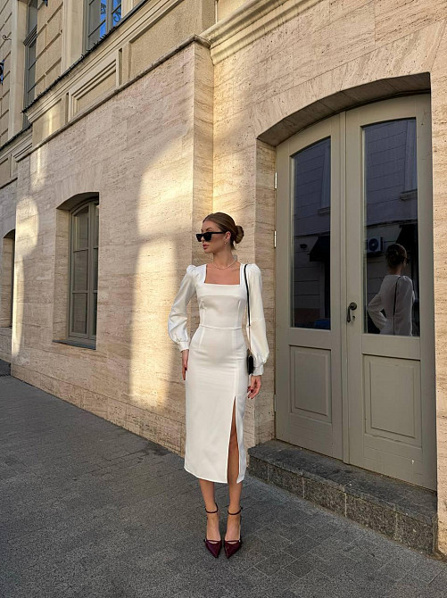 Женское вечернее элегантное миди платье с разрезом костюмка класса люкс Молочный, 46/48 Одесса - изображение 10