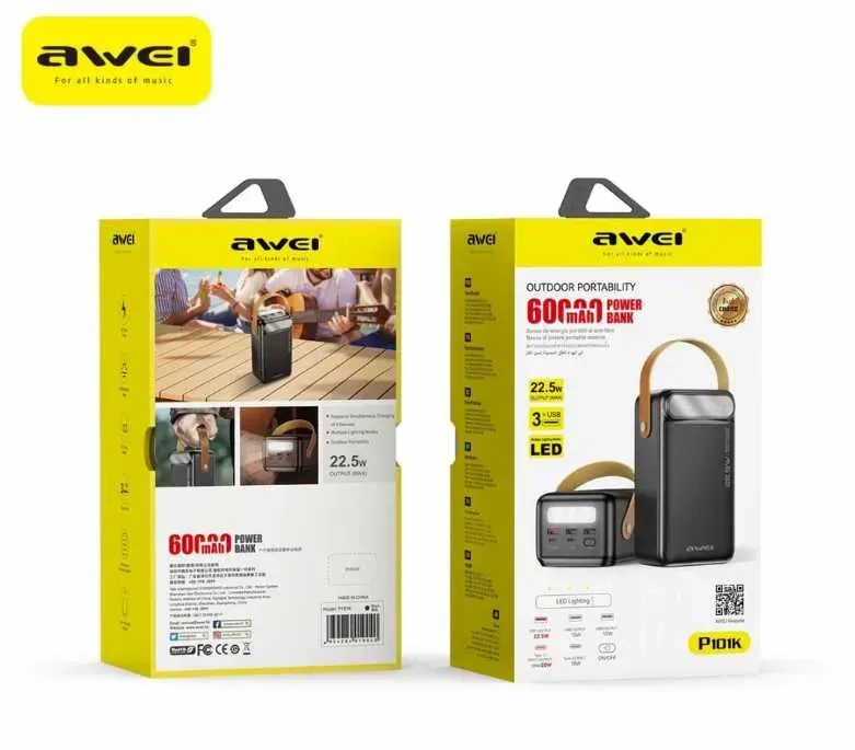Потужний Power Bank Awei P101K 60000 mAh для зовнішнього живлення портативних пристроїв і смартфонів Одеса - фото 3