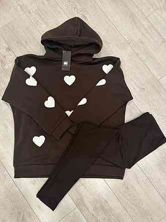 Жіночий теплий прогулянковий костюм двійка з сердечками трьохнитка на флісі + ангора рубчик. Шоколад, 46/48 Одеса