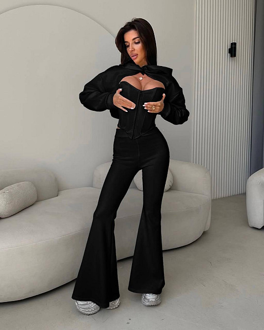 Женский стильный костюм тройка: кофта, корсет и лосины замш на дайвинге Черный, 42/44 Одесса - изображение 1