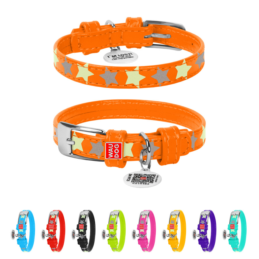 Нашийник для собак шкіряний WAUDOG Glamour з QR паспортом, візерунок "Зірочка", світлонакопичув Коломия - фото 1