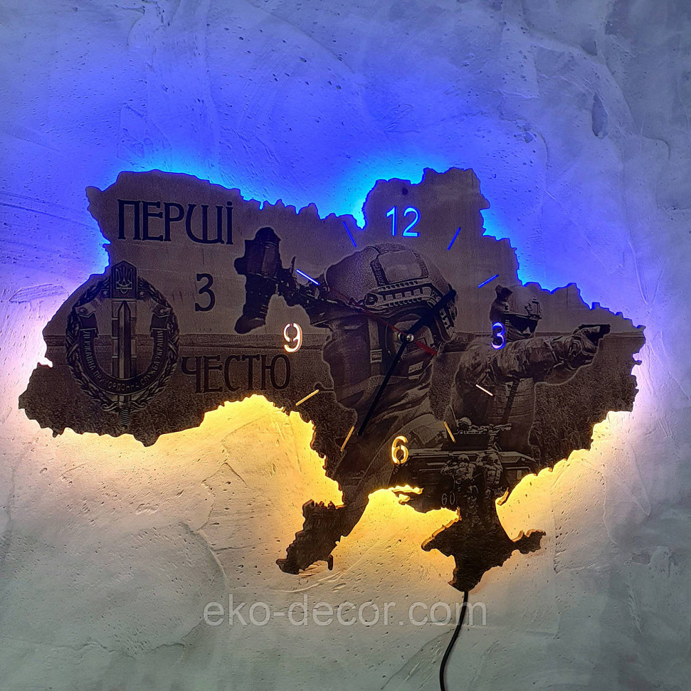 Дерев`янний настінний годинник з підсвіткою "Прикордонник ЗСУ" 50*34 см Київ - фото 2