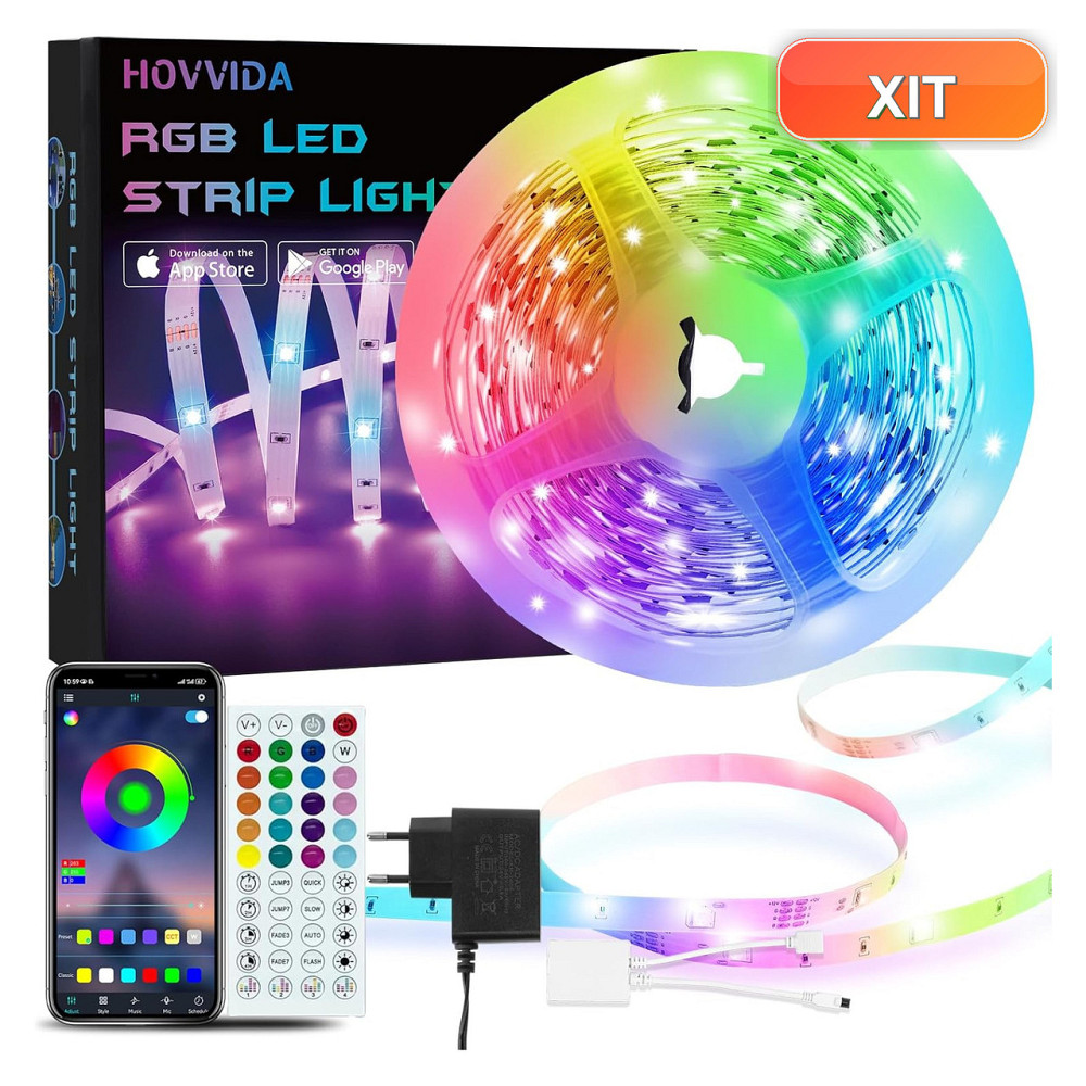 Світлодіодна стрічка LED стрічка HOVVIDA RGB 5 м 150 LED 30 LED/м керування APP пульт 44 клавіші музичний режим мікрофон таймер Київ - фото 1