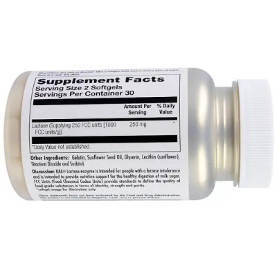 Пробиотики KAL Лактаза, Lactase Enzyme, 250 мг, 60 гелевых капсул (CAL-80206) Винница - изображение 2