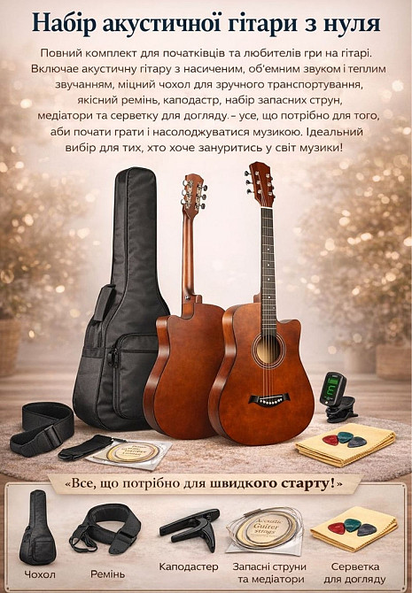 Гітара акустична нова!!   Акустична гітара 3/4 з вирізом + комплект аксесуарів Харків - фото 1