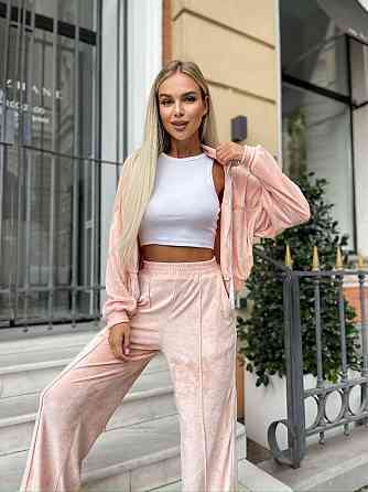 Женский стильный повседневный велюровый костюм двойка Персик Одесса