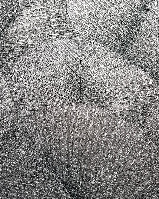 Шпалери вінілові на флізеліні Marburg Kumano 1.06х10 листя металік сіре чорне зі сріблястим 3д лофт 34564 Київ - фото 3