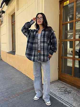 Женская теплая рубашка свободного кроя в клетку турецкая байка Серый, 42/44 Одесса