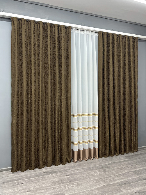 Комплект штор VR-Textil Лен Мрамор 200х270 2шт и Тюль 600х270 1261ш-1579т Коричневый с молочным 71-161/7 Киев - изображение 3
