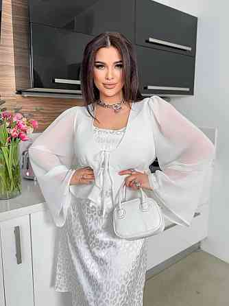 Жіноче базове шовкове плаття та шифонове блуза-плаття-плотний шовк + шифонова кофтинка Молочний, 50/52 Одеса