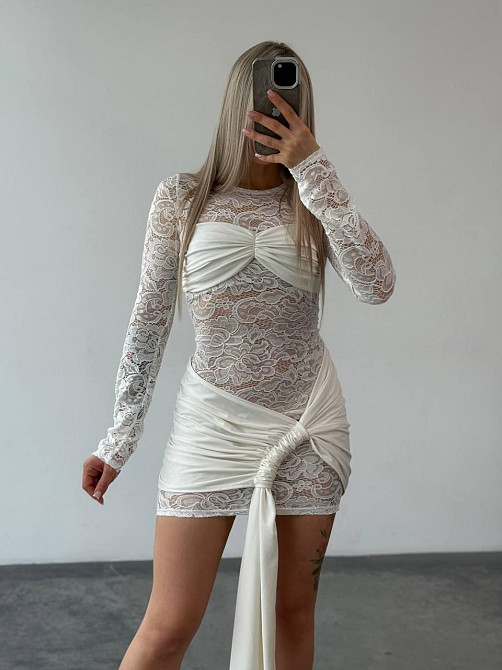 Женское привлекательное платье с юбкой гипюр + микродайвинг Молочный, 42/44 Одесса - изображение 3