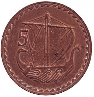 Древнее торговое судно. Монета 5 миллей. 1973,63,80 год, Кипр..(Г) Полтава - изображение 1