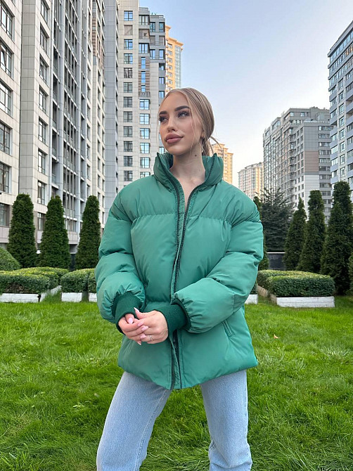 Зеленая теплая зимняя куртка пуховик с большими секциями и высоким воротником стойкой (пуффер), 42-46 Лубны - изображение 4