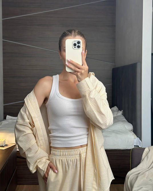 Женский стильный повседневный костм двойка лен- коттон полоска Желтый, 46/48 Одесса - изображение 3