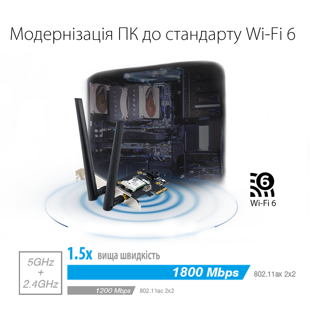 Бездротовий адаптер Asus PCE-AX1800 (AX1800, Bluetooth 5.2, WPA3, MU-MIMO, 2 зовнішні антени) ( PCI Express ) Харків - фото 6