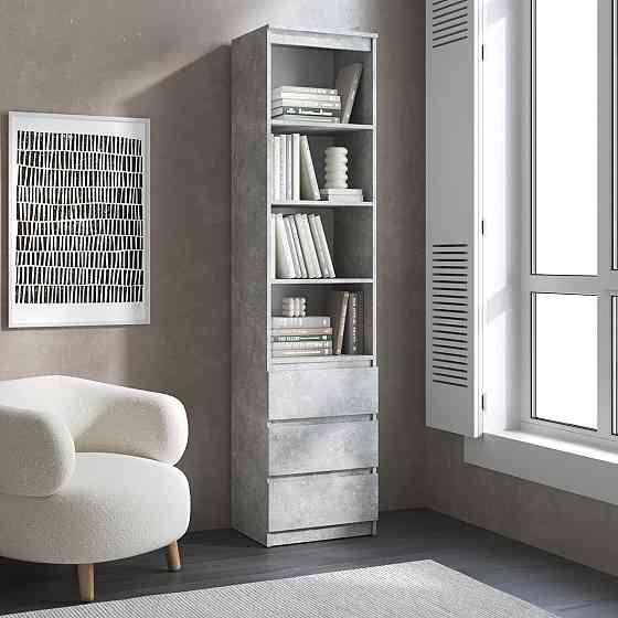 Пенал для книг VAYS R-25 Бетон, з відкритими полицями та шухлядами, без ручок, ЛДСП, 50×40×211 см - для вітальні, спальні, офісу Львів