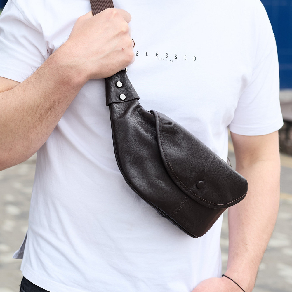 Мужской кожаный нагрудной рюкзак для телефона 14х29х8, сумка бананка для города и отдыха 70101 черная Киев - изображение 4