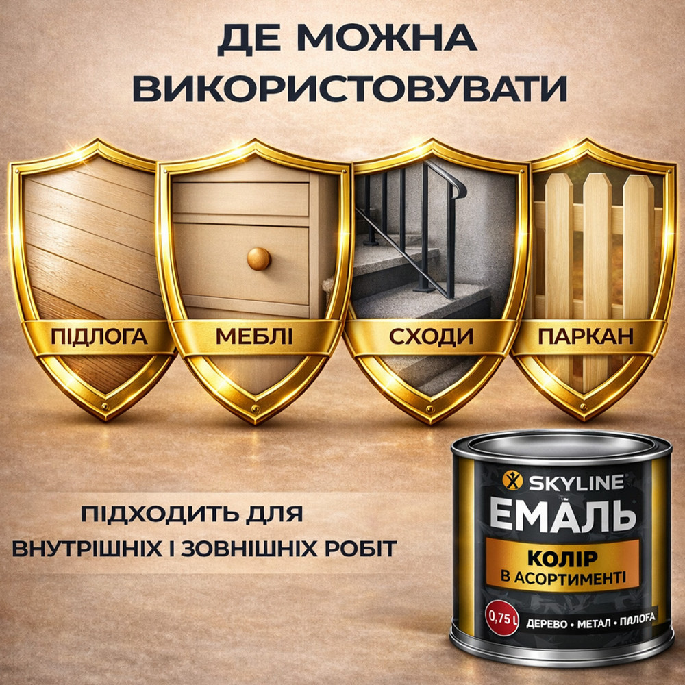 Фарба для підлоги SkyLine RAL 1001 Бежева акрилова емаль зносостійка, вологостійка, без запаху для дерева, метала та бетону 0.75 л Харків - фото 6