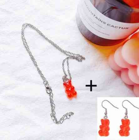 Украшения с мишками красные (ближе к коралловому), кулон + серьги, размер мишки 1,6*1см, смола Киев