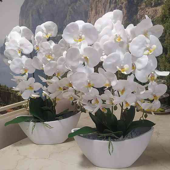 Штучна латексна орхідея преміум в білому керамічному кашпо на п'ять гілок біло-малинова Дніпро