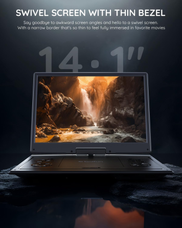 Портативный DVD-проигрыватель BOIFUN 16,9″, экран 14,1″ HD 1366×768, поворотный, аккумулятор 4000 мАч, USB, SD, FM, черный Киев