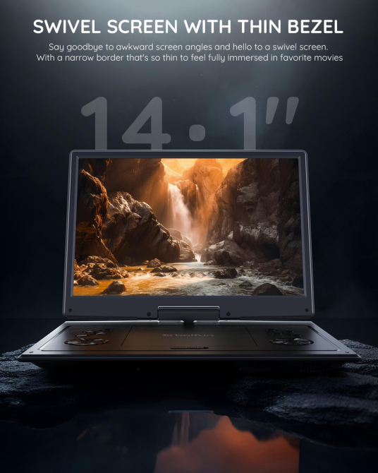 Портативный DVD-проигрыватель BOIFUN 16,9″, экран 14,1″ HD 1366×768, поворотный, аккумулятор 4000 мАч, USB, SD, FM, черный Киев - изображение 2