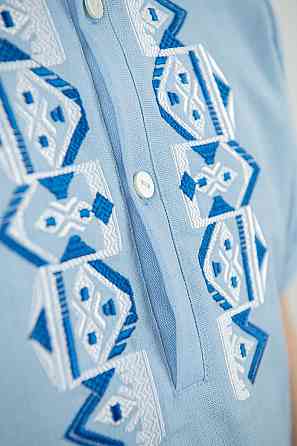 Вышиванка для мальчиков, льняная, короткий рукав, голубая, топ Киев