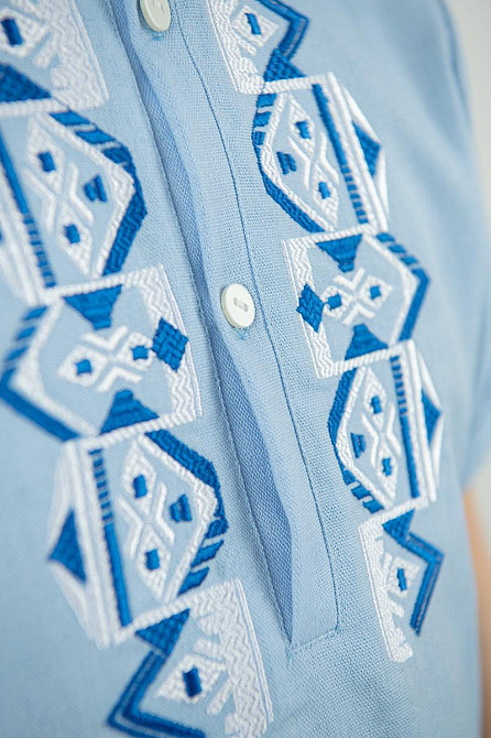 Вышиванка для мальчиков, льняная, короткий рукав, голубая, топ Киев - изображение 2