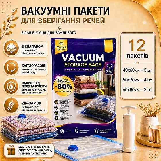 Вакуумные пакеты 12 шт 1 ручной насос для компактного хранения в шкафу, сезонной одежды, одеял, подушек и постельного белья Каменец-Подольский