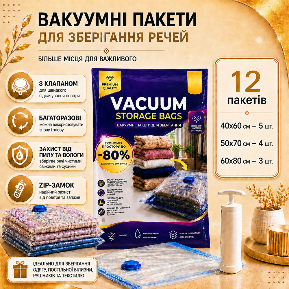 Вакуумные пакеты 12 шт 1 ручной насос для компактного хранения в шкафу, сезонной одежды, одеял, подушек и постельного белья Каменец-Подольский - изображение 3