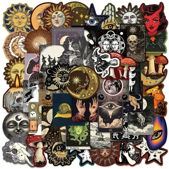 Набор готических наклеек 50 шт – Солнце, Луна, Звезды, черепа и мистические символы Киев
