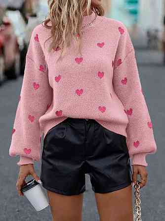 Жіночий стильний повсякденний светр із серцями Акрил/вовна рожевий-малиновий Одеса