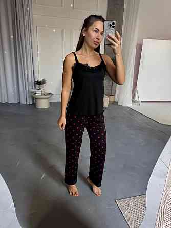 Женский домашний комплект четверка: брюки + майка + шорты + халат коттон Черный, 46/48 Одесса